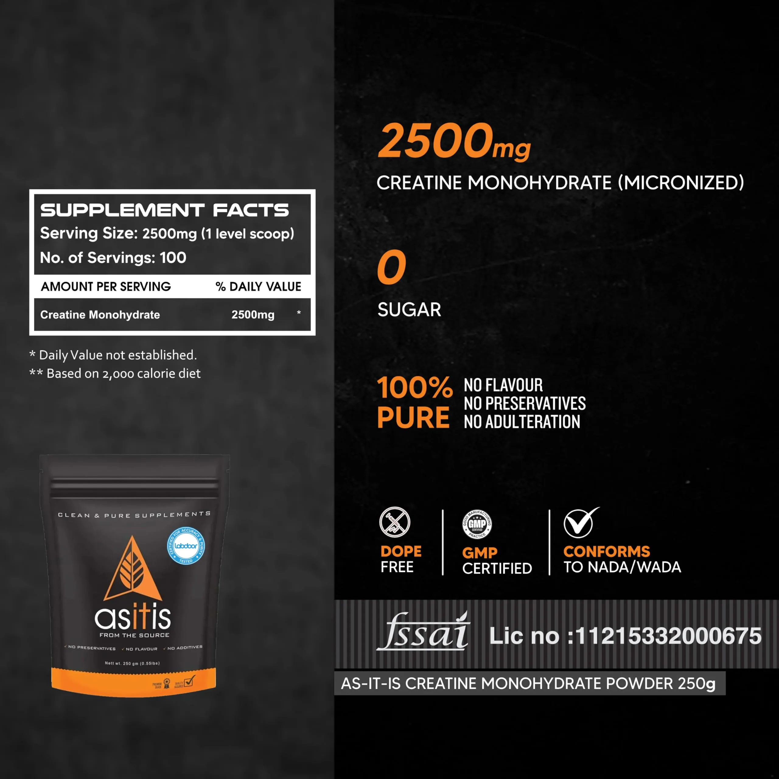 AS-IT-IS Nutrition 100% Creatine Monohydrate, Pure 2.5g Micronized Powder with Rapid Dissolution & Absorption, USA Labdoor Certified for Accuracy & Purity, Supports Performance & Recovery- Unflavored, Single Ingredient- 250g (100 servings)