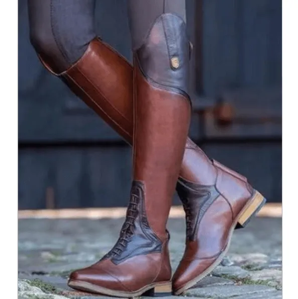 Brown Leather Patchwork Knee High Boots