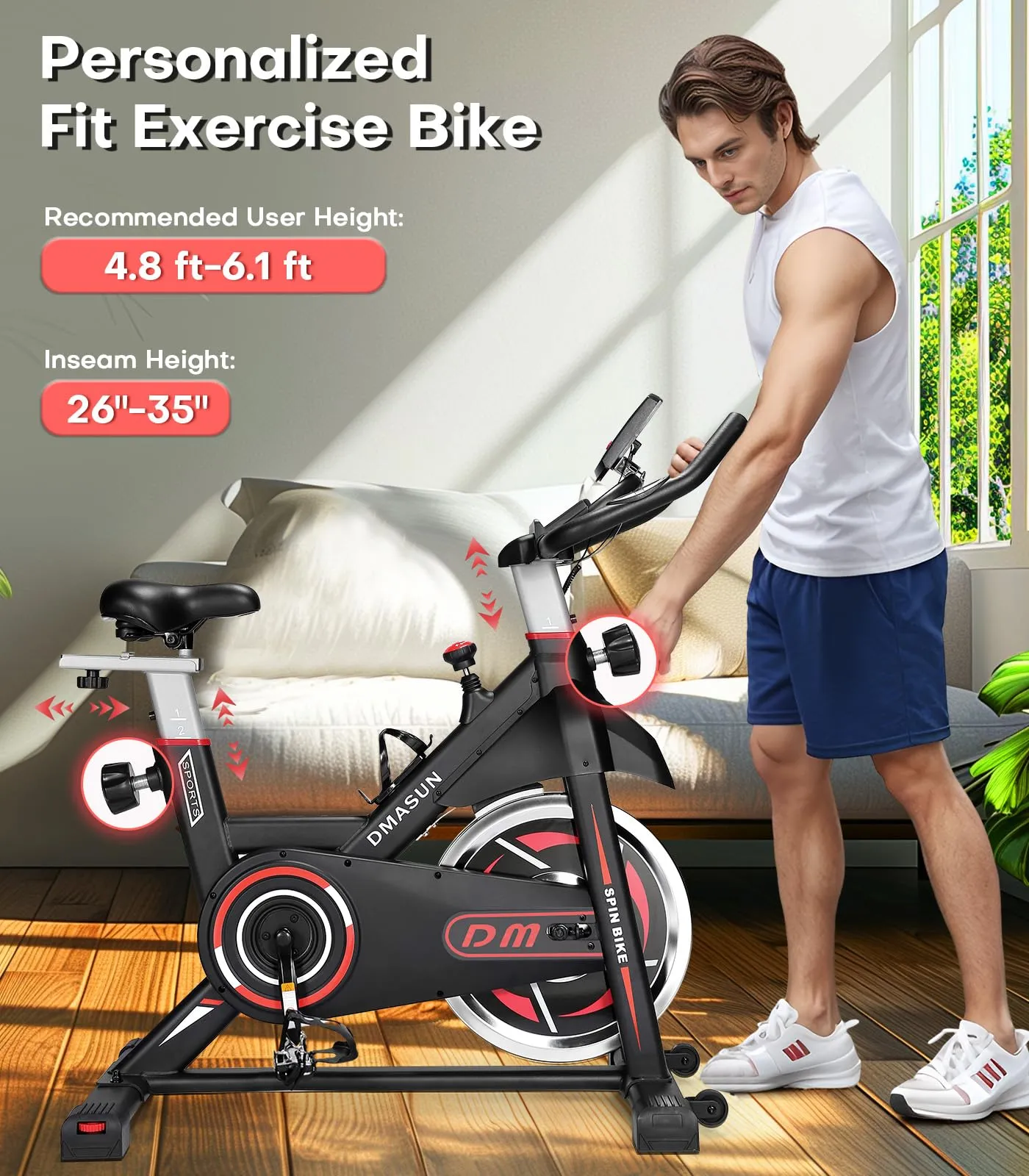 Exercise Bike, DMASUN Classic Brake Pad Stationary Bike for Home with 300 LBS Capacity, Indoor Bike with Comfortable Seat Cushion, Digital Display with Pulse