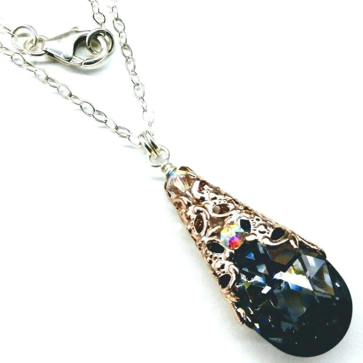 Filigree Wrap Crystal Black Diamond Pendant Necklace
