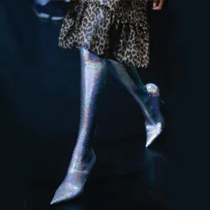 High Heel Glitter Pointed Toe Thigh High Boots
