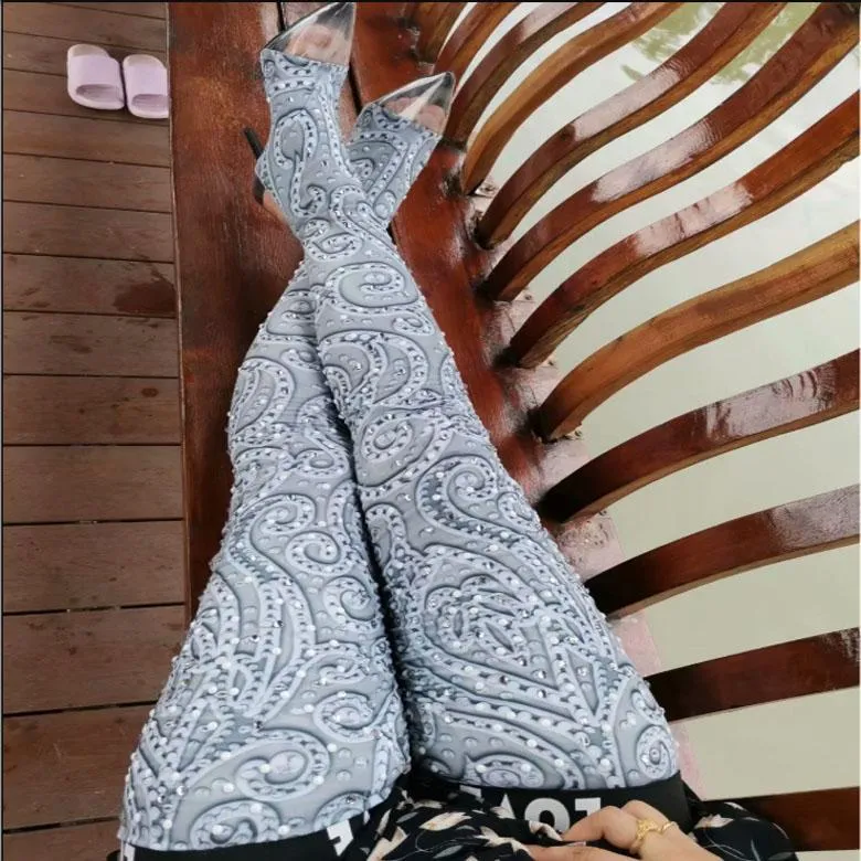 High Heel Rhinestone Transparent Toe Printed Thigh High Boots