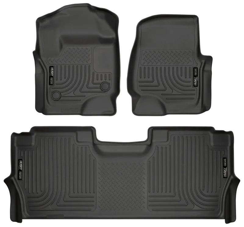 Husky Liners WeatherBeater Front / 2nd Row Floor Liner - Black / Textured - Factory Storage Box - Super Duty - Crew Cab - Ford Fullsize Truck 2017-24