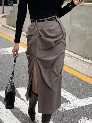 JOSKAA 2024 New Skirt Fashion High-Waist Pleated Slit Skirt