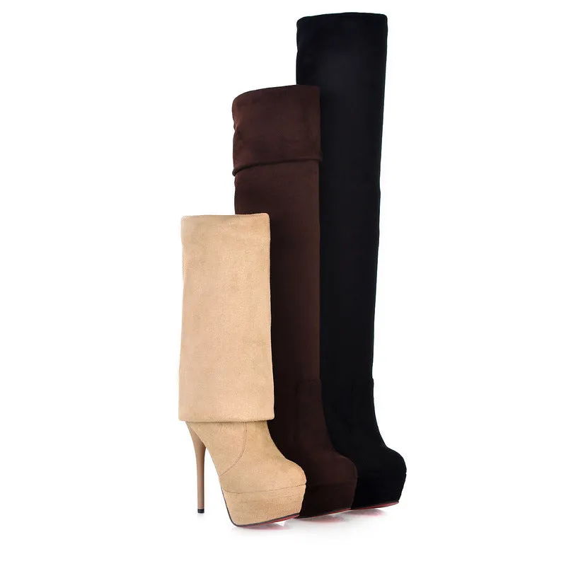 New Fashion Round Suede High Heeled Women's Knee Boots