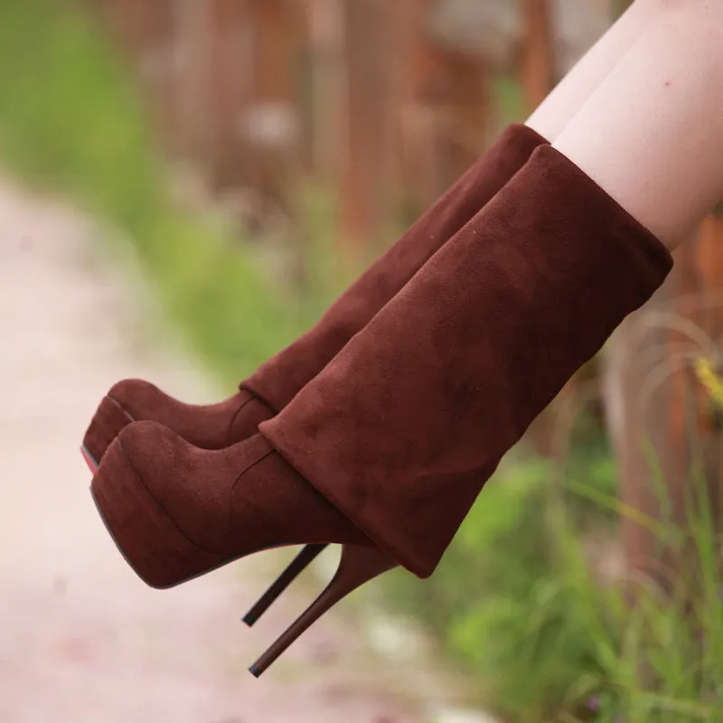 New Fashion Round Suede High Heeled Women's Knee Boots