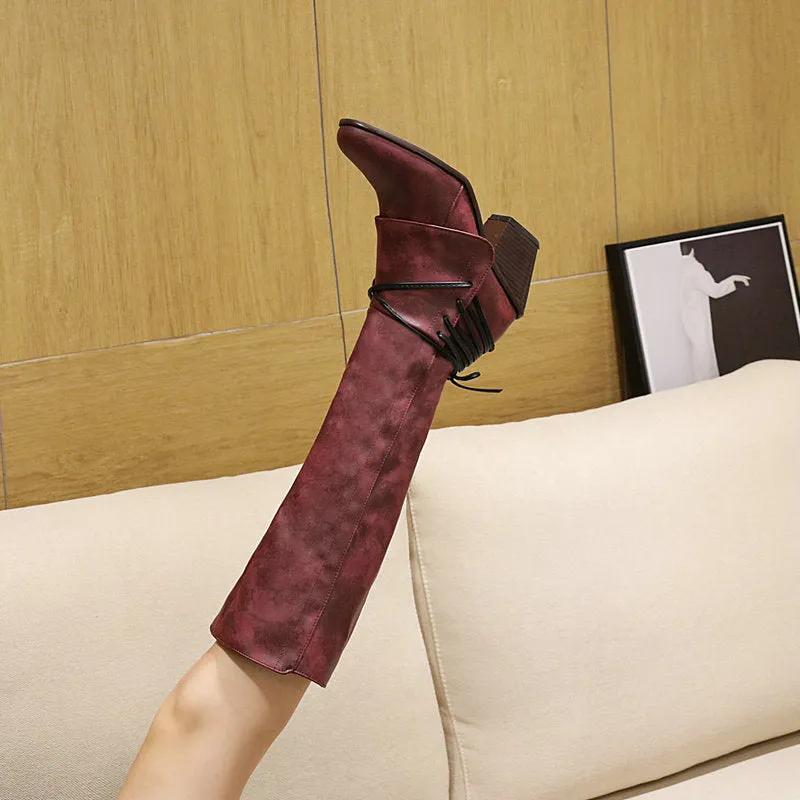 New Winter Thick Heel Martin Boots British High Boots Back Strap Medium Boots
