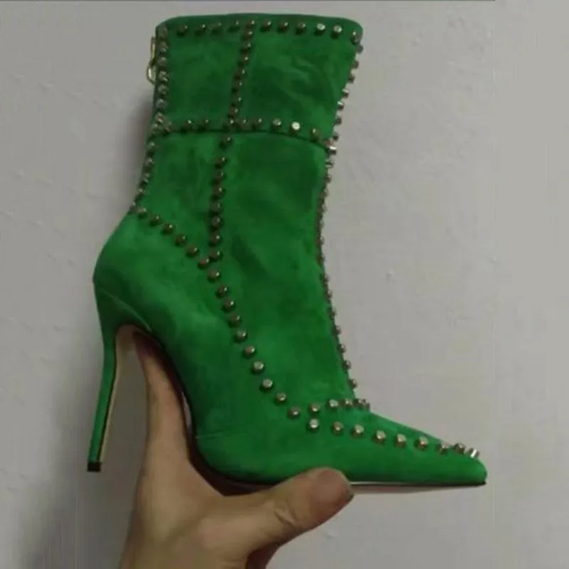 Party Suede Rivet Pointed Toe Calf Boots