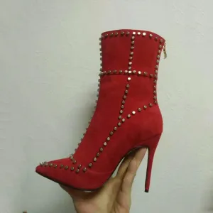 Party Suede Rivet Pointed Toe Calf Boots