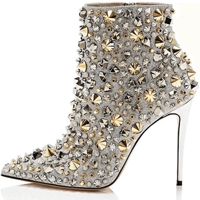 Rhinestone Pointed Toe Zipper Ankle Boots