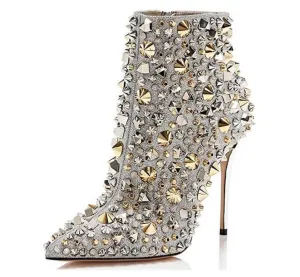 Rhinestone Pointed Toe Zipper Ankle Boots