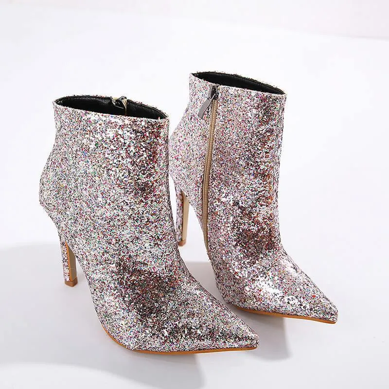 Sexy Sequin Pointed Toe High Heel Ankle Boots