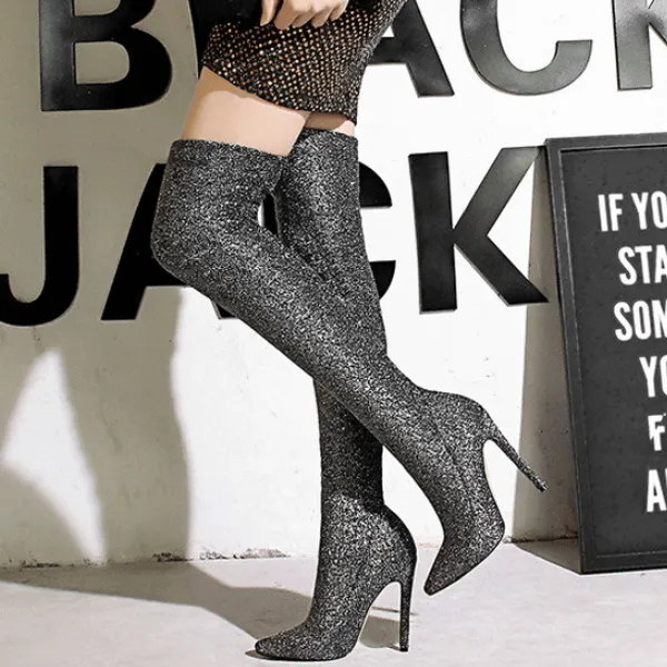 Sexy Sequin Stretch Point Toe High Heel Over Knee Boots
