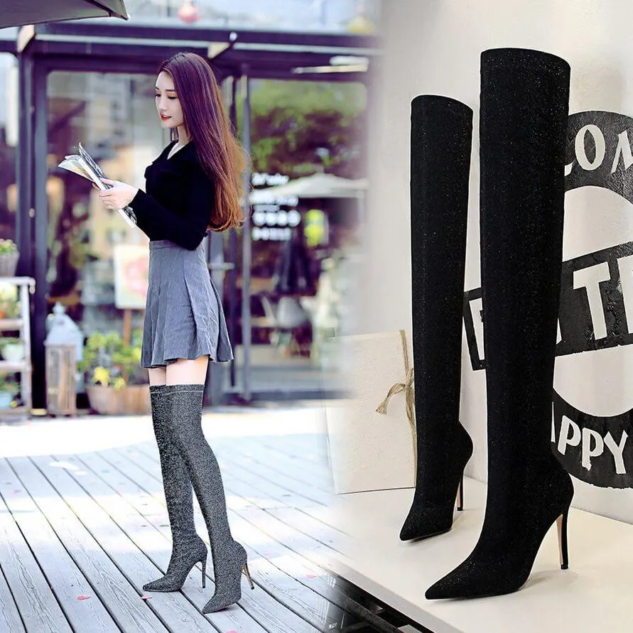 Sexy Sequin Stretch Point Toe High Heel Over Knee Boots