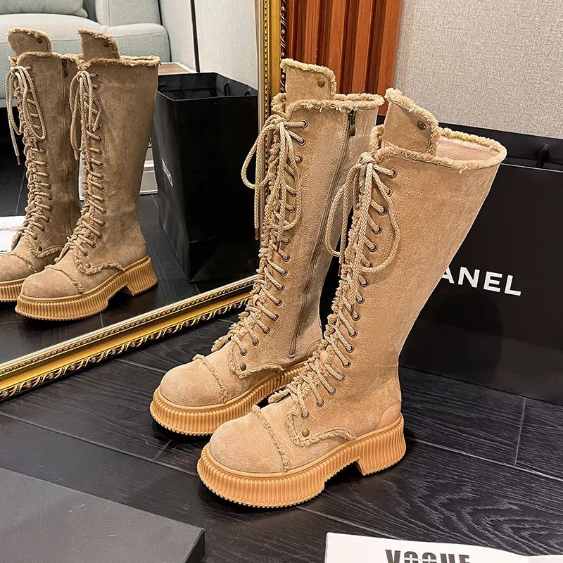 Vintage Lace-Up High-Top Suede Knight Chunky Soles Boots