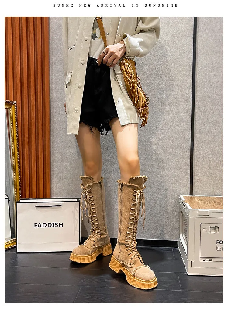 Vintage Lace-Up High-Top Suede Knight Chunky Soles Boots