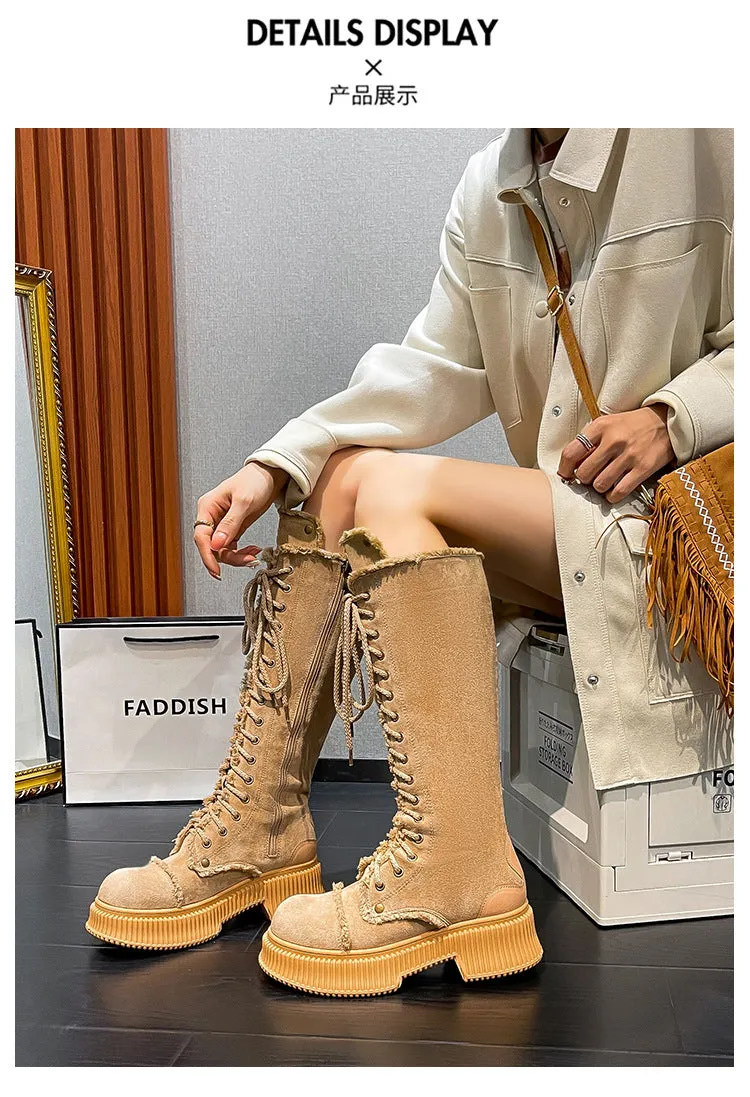 Vintage Lace-Up High-Top Suede Knight Chunky Soles Boots