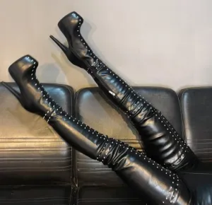 Women's Platform Sexy Rivets Thigh High Stiletto Boots