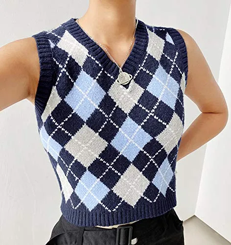 Womens Sweater Vests Argyle Plaid Crop Sweaters V Neck Sleeveless Preppy Style Tank Tops Blue Medium