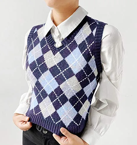 Womens Sweater Vests Argyle Plaid Crop Sweaters V Neck Sleeveless Preppy Style Tank Tops Blue Medium