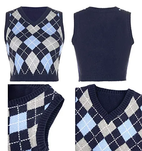 Womens Sweater Vests Argyle Plaid Crop Sweaters V Neck Sleeveless Preppy Style Tank Tops Blue Medium