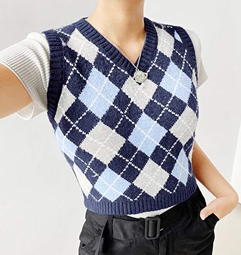 Womens Sweater Vests Argyle Plaid Crop Sweaters V Neck Sleeveless Preppy Style Tank Tops Blue Medium