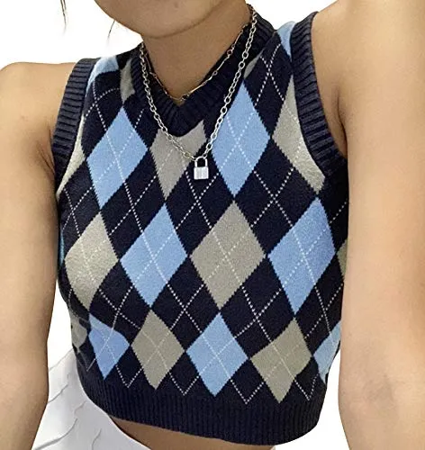 Womens Sweater Vests Argyle Plaid Crop Sweaters V Neck Sleeveless Preppy Style Tank Tops Blue Medium